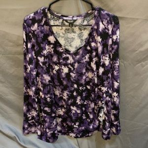 Simply Vera purple pattern long sleeve sweater with ruffle detailing